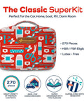 Front view of KeepGoing large kids' first aid kit in a red travel case, 270 pieces
