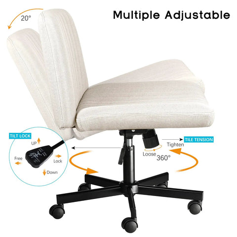 Criss Cross Office Chair No Wheels in beige with adjustable height, swivel, mid back support, wide fabric seat, side view