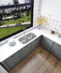 Top view of kitchen with undermount double bowl kitchen sink 32 by 18 by 9 inches, 18 gauge 304 stainless steel, satin finish.