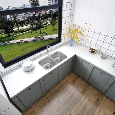 Top view of kitchen with undermount double bowl kitchen sink 32 by 18 by 9 inches, 18 gauge 304 stainless steel, satin finish.