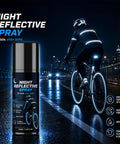 Night Reflective Spray 100ml Safety Fluorescent Paint Invisible Daytime with cyclist on a bike in nighttime visibility.