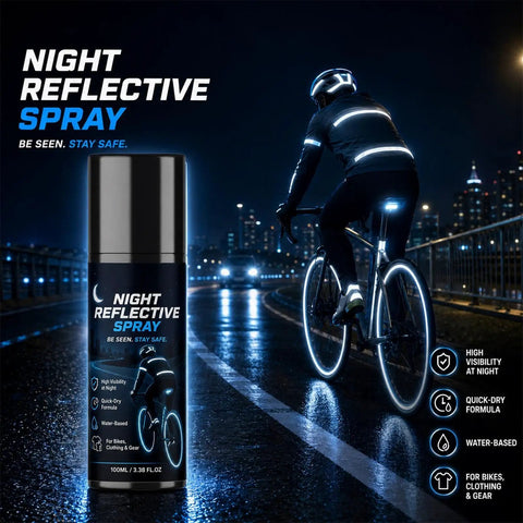 Night Reflective Spray 100ml Safety Fluorescent Paint Invisible Daytime with cyclist on a bike in nighttime visibility.