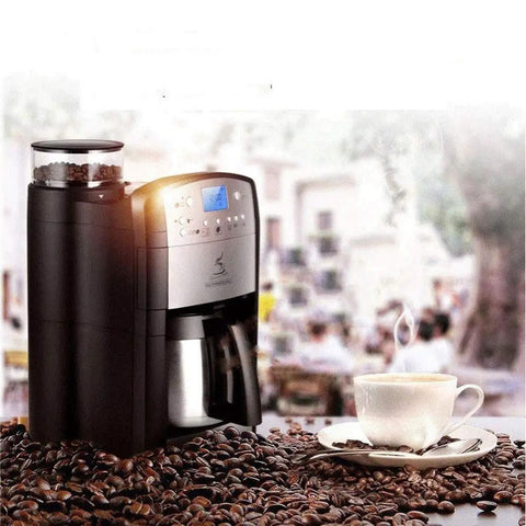 No Fuss Fully Automatic Drip Coffee Maker With Built In Grinder, Large Capacity One Touch Brew System, sleek design with coffee beans.