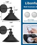 Set Of 2 Vintage Black Wall Sconces With Remote Dimmable Battery Operated Wireless Indoor Lighting Hella Bright No Cord Hassle Quick Install Farmhouse Home Decor, showing dimensions and remote.