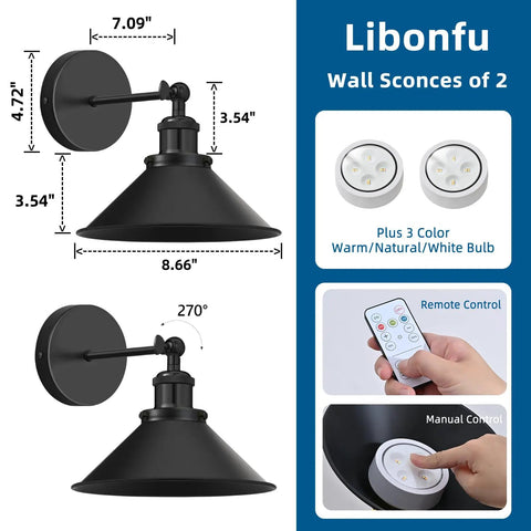 Set Of 2 Vintage Black Wall Sconces With Remote Dimmable Battery Operated Wireless Indoor Lighting Hella Bright No Cord Hassle Quick Install Farmhouse Home Decor, showing dimensions and remote.