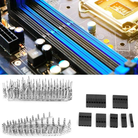 310 Piece 2.54mm Jumper Wire Connector Kit for Electronic Prototyping, includes headers and housings on circuit board close-up