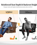 Comparison of wooden porch swing bench seat depth and backrest height between oversized wooden porch swing bench with cup holders and phone slots heavy duty 880 pounds capacity 5 foot rustic outdoor hanging swing with chains for yard garden and lawn upgraded seat depth 21.7 inches and backrest 19.7 inches and another swing