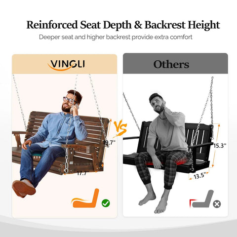Comparison of wooden porch swing bench seat depth and backrest height between oversized wooden porch swing bench with cup holders and phone slots heavy duty 880 pounds capacity 5 foot rustic outdoor hanging swing with chains for yard garden and lawn upgraded seat depth 21.7 inches and backrest 19.7 inches and another swing