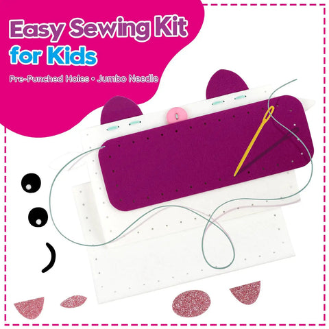 DIY Felt Sewing Kit For Kids Aged 5 To 10 7 Easy Projects Like Fox Bag Unicorn Pillow Owl Organizer shown with sewing tools