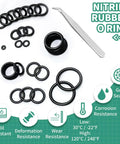 400 Piece Black O Ring Assortment Kit With 24 Metric Sizes Nitrile Rubber Gasket Set for Faucet Plumbing Hose Car Truck Auto Repair Durable Oil Resistant Seals For Heavy Duty Use with tweezers, showcasing various sizes of black o-rings on a white background.