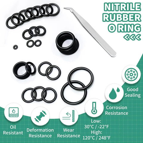 400 Piece Black O Ring Assortment Kit With 24 Metric Sizes Nitrile Rubber Gasket Set for Faucet Plumbing Hose Car Truck Auto Repair Durable Oil Resistant Seals For Heavy Duty Use with tweezers, showcasing various sizes of black o-rings on a white background.