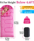 All Season Kids Sleeping Bag For Girls And Boys, pink flannel design, 67 by 27 inches, comfort range 41F to 68F, ideal for kids under 4.6 feet