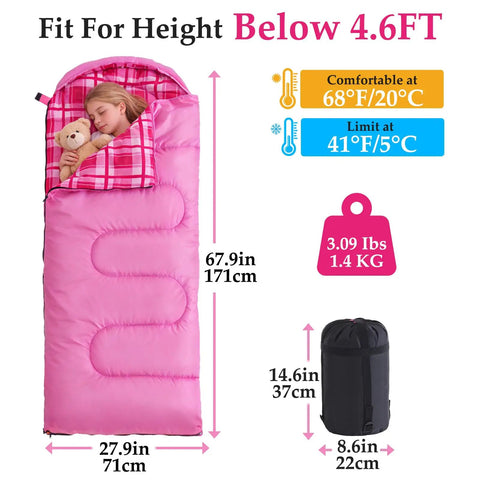 All Season Kids Sleeping Bag For Girls And Boys, pink flannel design, 67 by 27 inches, comfort range 41F to 68F, ideal for kids under 4.6 feet