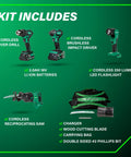 All-In-One 18V MultiVolt Cordless Drill, Impact Driver, Reciprocating Saw, And Torchlight 4-Piece Combo Kit components image