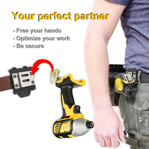 Person wearing sturdy tape measure holder and drill holster with belt clip; hands-free tool pouch for hooked tools on job site.