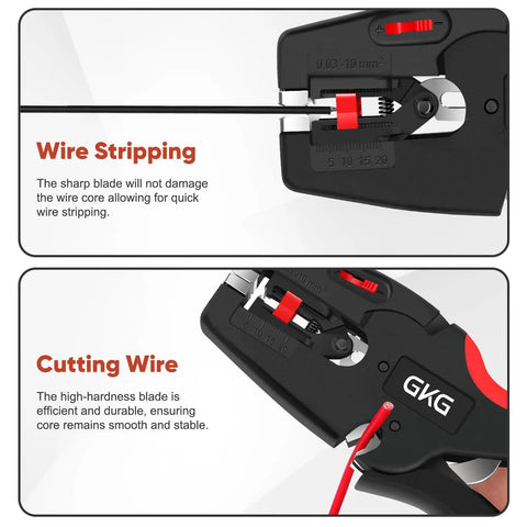 Automatic Wire Stripper With Cutter 2 In 1 Self Adjusting Electrical Stripping Tool for 7-32 AWG Wires showing wire stripping and cutting.