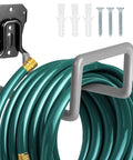 Heavy Duty Metal Garden Hose Holder Wall Mount For Outdoor Use, Rustproof Hose Reel That Keeps Water Hoses Neat And Ready, No Fuss Easy Install On Fence Or Wall, Durable Weatherproof Garden Hose Organizer showing installation hardware and green hose