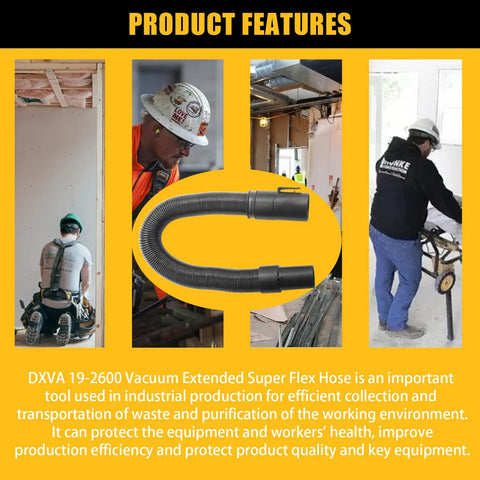 Collage featuring workers using Rugged 1 7 8 Inch Shop Vacuum Hose For Wet Dry Vacuums Super Flex Extension Industrial Grade