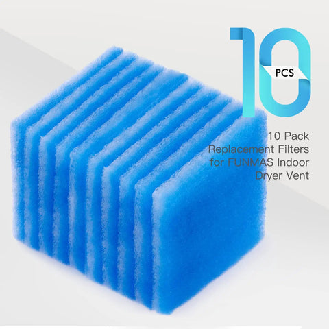 10 pack replacement polyester filters for indoor dryer vents, blue, stacked with label, easy install, quiet operation