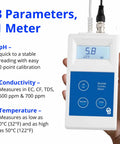 Hand holding a Combo Meter for PH, Temperature and Conductivity in Water With Easy Calibration, displaying digital reading.