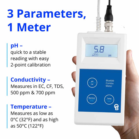 Hand holding a Combo Meter for PH, Temperature and Conductivity in Water With Easy Calibration, displaying digital reading.