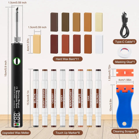 Slick Vinyl Floor Repair Kit With Smart Heat Tool For No Sweat Wood Scratch Fix, includes wax bars and touch up markers.