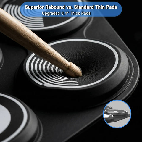Kid Friendly 9 Pad Electric Drum Set For Beginners shown with 0.4-inch thick pads and drumstick highlighting superior rebound