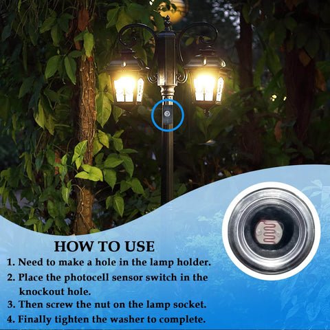 2 Pack Auto On Off Outdoor Dusk to Dawn Photocell Sensor in lamp installation