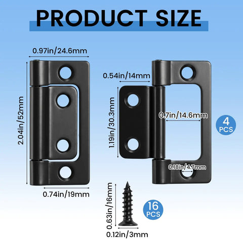 Product size dimensions of 4 Pack Black No Mortise Door Hinges With Screws For Wood Folding Doors Easy Install Durable Cabinet Hinges