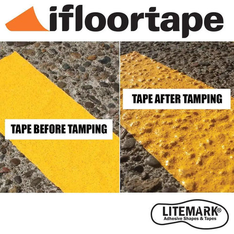 Yellow Reflective Pavement Marking Tape For Outdoor Use Built Tough, 4 Inch By 150 Foot Roll on rough asphalt before and after tamping