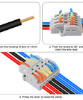 8 Pcs Push In Wire Splitter Terminal Connectors in use, showcasing installation steps for quick connect lever design.