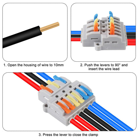 8 Pcs Push In Wire Splitter Terminal Connectors in use, showcasing installation steps for quick connect lever design.