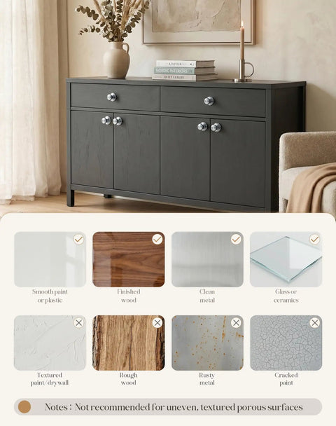 Two Pack Grey Aluminum Drawer Knobs With Peel And Stick Adhesive, No Drilling Needed, on dark cabinet surface.