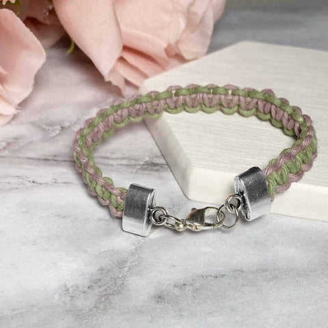Pink and green kumihimo bracelet with Flat Leather Cord End Caps Set, 50 Pcs Antique Silver Round Tassel And Barrel End Caps