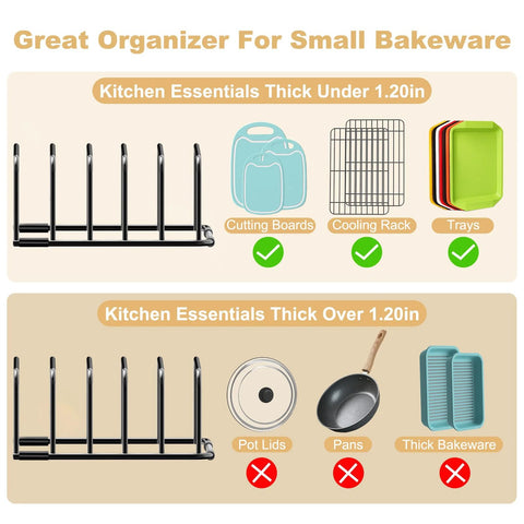 Fikoksol black metal cutting board organizer and baking sheet rack; 1-pack for cabinet storage, holds boards and trays.
