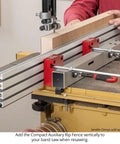 Rock Solid 36 Inch Auxiliary Rip Fence For Table Saw Job Site Extension Featuring Straight Shooting T Track Rails and Dual Jaw Clamping Blocks For Dead Accurate Cuts in use on a band saw.