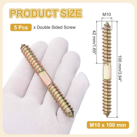 Five Piece Heavy Duty Double Ended Screws M10 X 100 Mm Carbon Steel Hanger Bolts shown in hand for size reference.