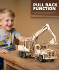 Child playing with a 3D Wooden Excavator Puzzle Kit For Adults Build A Realistic Mechanical Model With 177 Laser Cut Parts Hands On Brain Teaser Pull Back Truck Toy For Men And Women Dope Gift Idea on a table, showing pull back function.