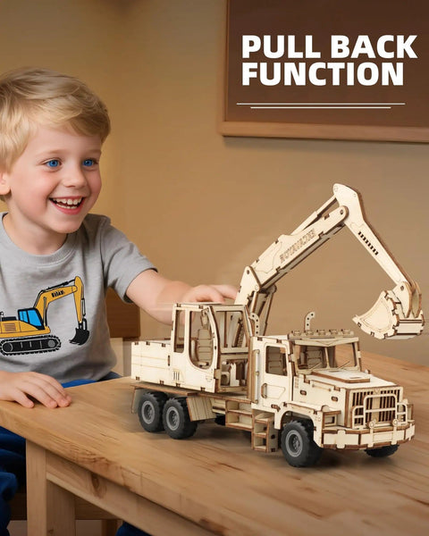 Child playing with a 3D Wooden Excavator Puzzle Kit For Adults Build A Realistic Mechanical Model With 177 Laser Cut Parts Hands On Brain Teaser Pull Back Truck Toy For Men And Women Dope Gift Idea on a table, showing pull back function.