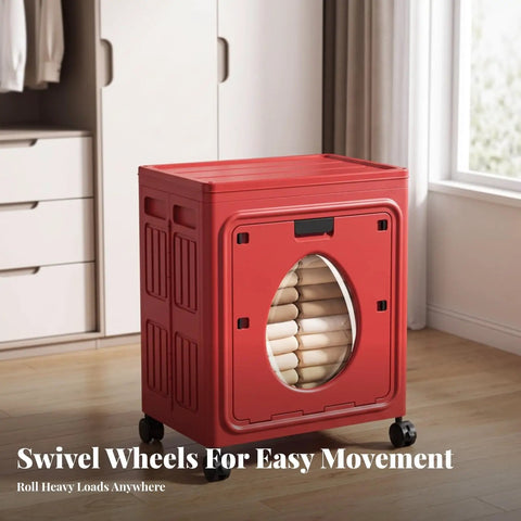 No Sweat Mobile Storage Bin With Flip Top Lid, Foldable Plastic Closet And Nursery Organizer Tote riding smooth on casters for clothes.