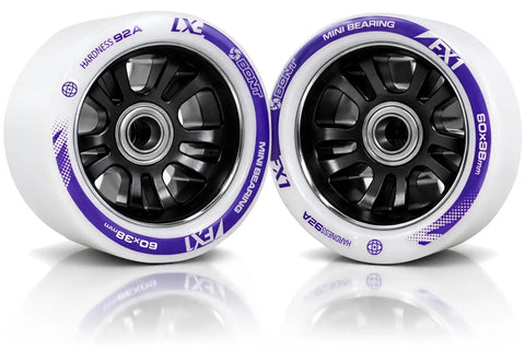 Close-up of two Fx1 Roller Skate Wheels With 688 Mini Bearings Pack Of 8 For Derby And Indoor Speed Quad Skating, 60mm, 92A hardness