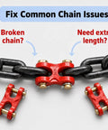 2 Pack 1/4 to 5/16 Inch Chain Repair Links For 8 Gauge Chains, G70 Twin Clevis Link With 4630 Lbs Working Load Limit, Double Clevis Link For Trucks, Trailers, Warehouses, And Seaports, Red Finish, Beefy Heavy Duty Rigging Gear, red G70 chain connector in use