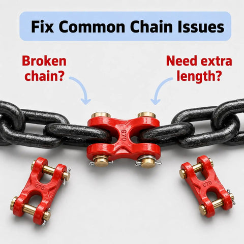 2 Pack 1/4 to 5/16 Inch Chain Repair Links For 8 Gauge Chains, G70 Twin Clevis Link With 4630 Lbs Working Load Limit, Double Clevis Link For Trucks, Trailers, Warehouses, And Seaports, Red Finish, Beefy Heavy Duty Rigging Gear, red G70 chain connector in use