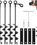 18 Inch Ground Anchors Screw In Heavy Duty Kit Quad Pack with wrenches, straps, and drill attachment for secure outdoor setups.