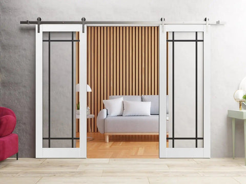 Double Barn Door With Clear Glass Sliding Door Set For Interiors Built Tough With 13 Ft Stainless Rail, living room view