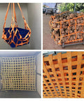 Flat nylon sling hoisting net collage: front view blue bin; side view log bundle; close-up orange woven straps