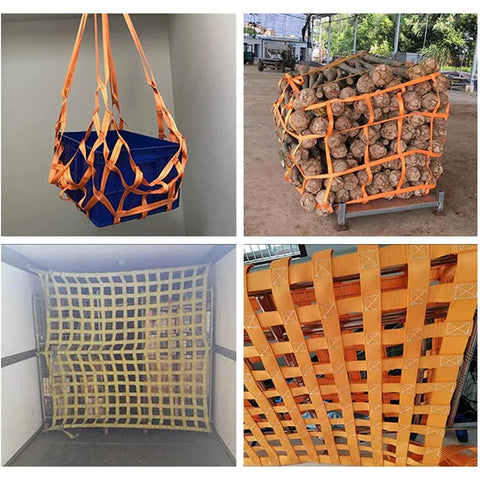 Flat nylon sling hoisting net collage: front view blue bin; side view log bundle; close-up orange woven straps
