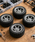 4 Piece 60mm Toy Car Wheel Set With Rubber Tires And 3mm Shafts For RC Cars Trucks Robots And DIY Model Projects Rad Replacement Part For Hobbyists And Kid Builders Kit Builds arranged on a workbench with tools and screws