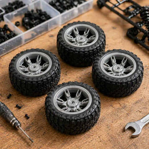 4 Piece 60mm Toy Car Wheel Set With Rubber Tires And 3mm Shafts For RC Cars Trucks Robots And DIY Model Projects Rad Replacement Part For Hobbyists And Kid Builders Kit Builds arranged on a workbench with tools and screws