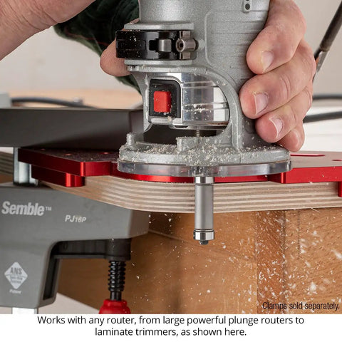 Heavy Duty Cast Aluminum Router Corner Jig And Chamfer Template Set With Six Precise Guides and Wall Mount Rack in action with router.